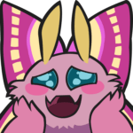 image of a bright pink cartoon creature with pink and yellow wings and yellow ears. Pink paws are clapped to the creature's cheeks in an awww expression