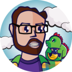 Circular image of a cartoon drawing. Person centered in the circle is a white male with brown hair, mustache and beard, glasses, and a purple tshirt. Beside him is a small green dragon.