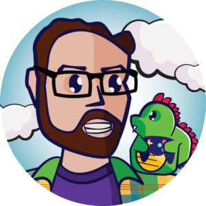 Circular image of a cartoon drawing. Person centered in the circle is a white male with brown hair, mustache and beard, glasses, and a purple tshirt. Beside him is a small green dragon.