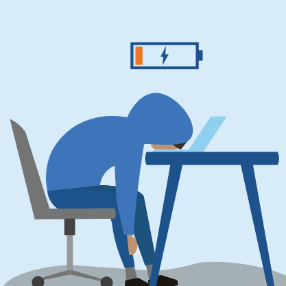 Person with their head on their desk, a low battery icon above their head. 