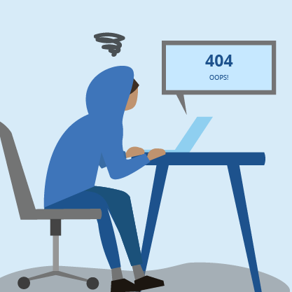 Person sitting at a computer with a 404 error, looking irritated