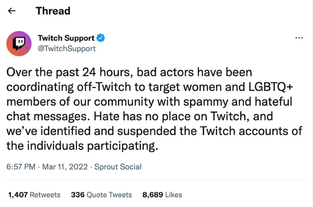 Screenshot of a twitch tweet calling out hate raids against LGBTQ+ streamers