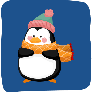 Image of a cartoon penguin wearing a pink and green hat and an orange scarf