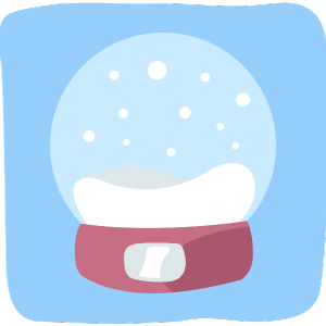 Image of a cartoon snow globe with a red base, white snow on the bottom, and snowflakes falling