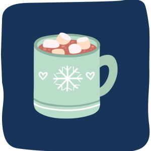 A light green mug with a white snowflake on it. It is filled with hot cocoa and there are 5 floating mini marshmallows.