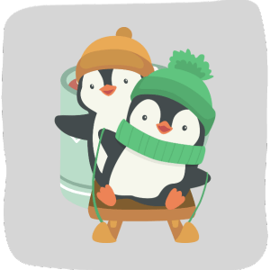 Two penguins in snow hats and scarves on a sled