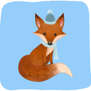 A red fox wearing a snow blue snow hat and blue scarf
