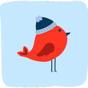 A red bird wearing a blue winter hat