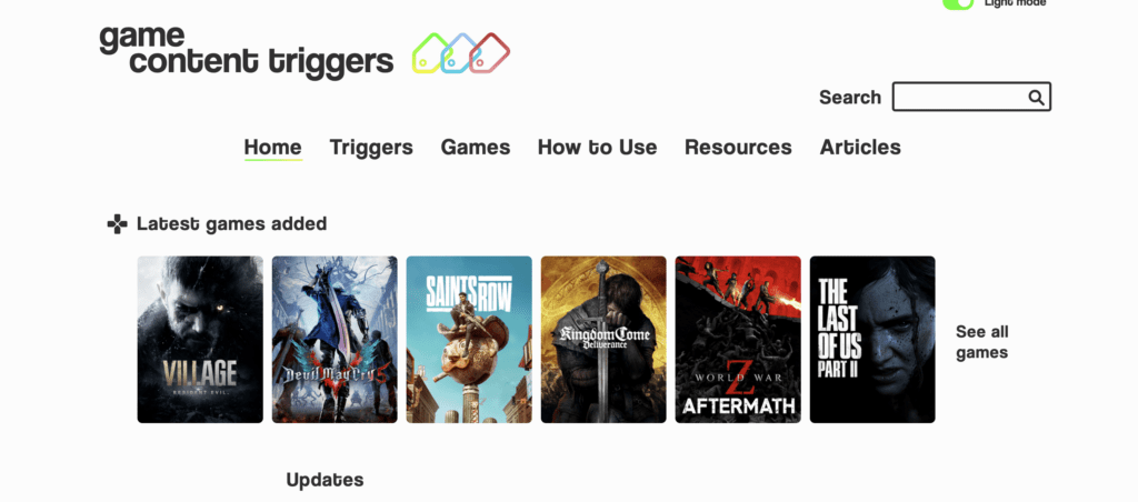 Screenshot of the game content triggers database homepage. The title of the page and it's 3 tag logo is in the top left of the page. There is a horizontal main menu with the tabs home triggers games how to use resources and articles. Below are small images of different game cover art. 
