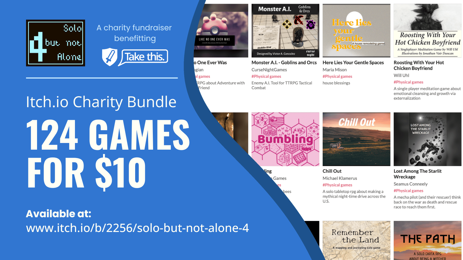 Banner image with a screenshot of games available in the bundle. Text reads itch dot i o charity bundle 124 games for ten dollars