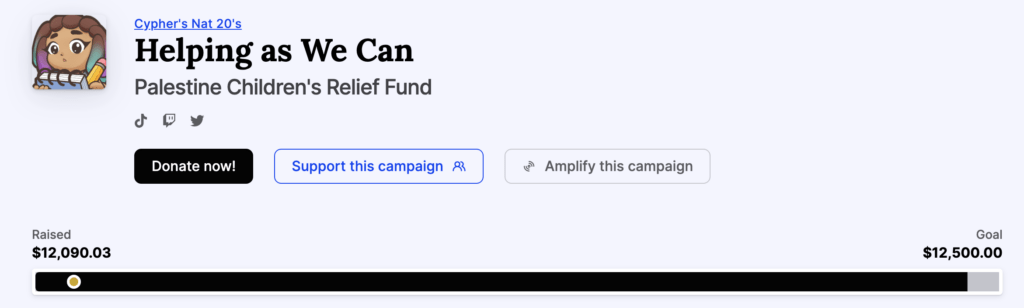 Screenshot reading "Helping as we can. Palestine Children's Relief Fund" with twleve thousand and ninety dollars raised out of a goal of twelve thousand and five hundred dollars. 