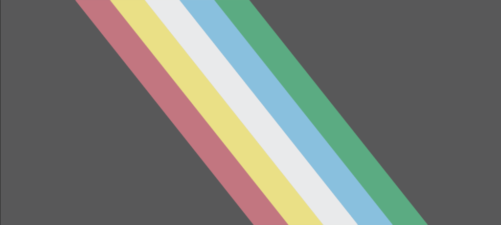 The pride disability flag image. A gray background with stripes of red, yellow, white, blue, and green cutting across on the diagonal